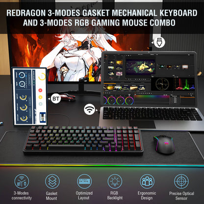 An infographic introduces the Redragon 3-mode gasket mechanical keyboard and RGB gaming mouse combo, highlighting features like 3-mode connectivity, gasket mount, and RGB backlighting.