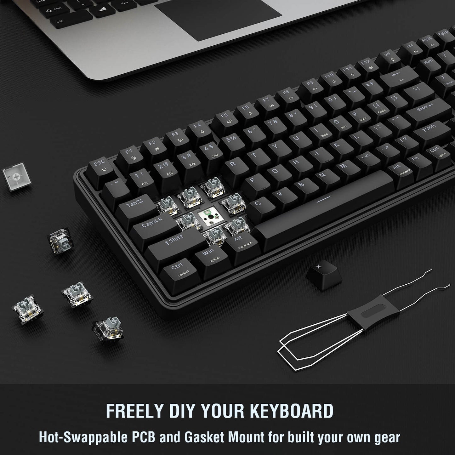 The keyboard’s hot-swappable design is demonstrated, with keycaps removed to expose switches, paired with a keycap puller for DIY customization.