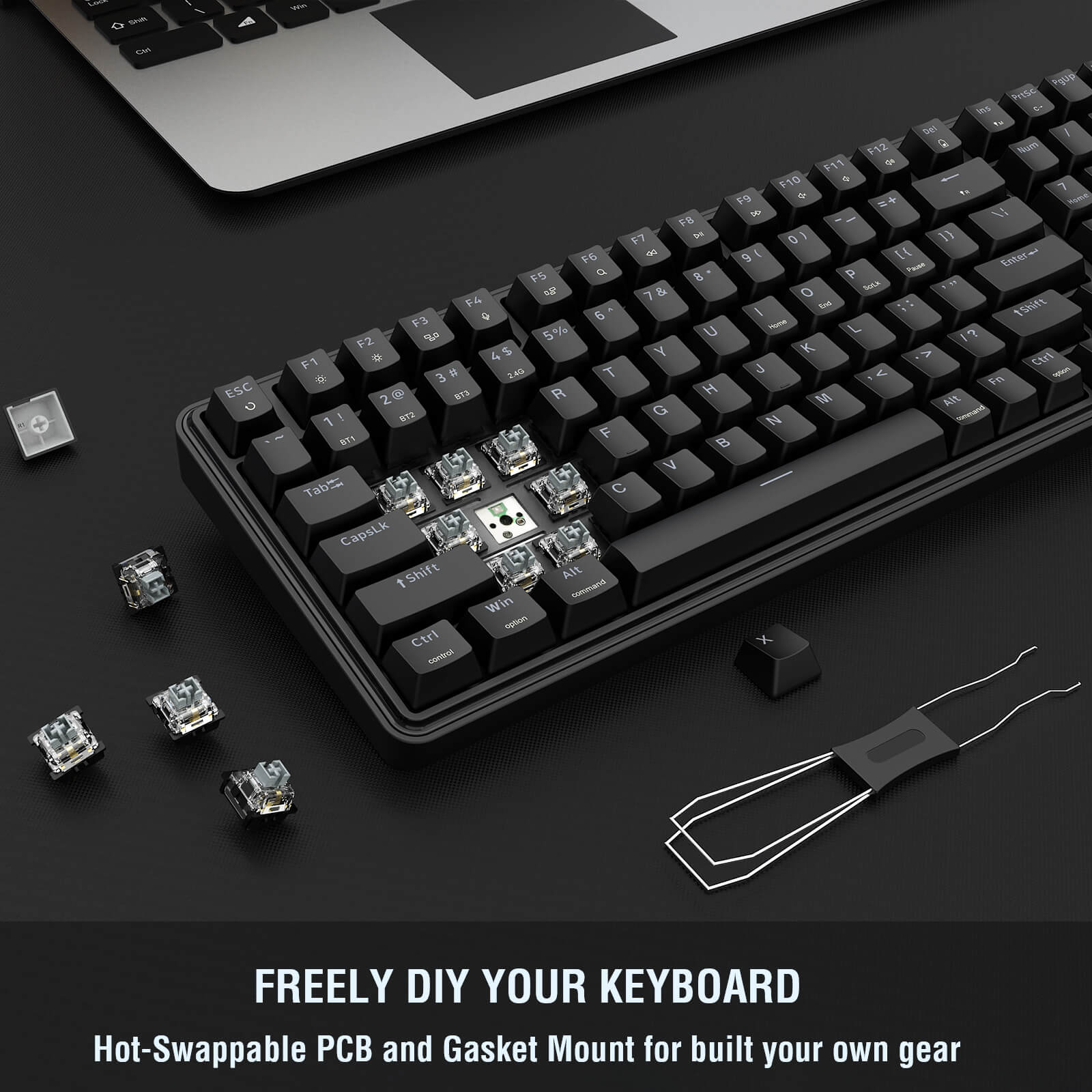 The keyboard’s hot-swappable design is demonstrated, with keycaps removed to expose switches, paired with a keycap puller for DIY customization.