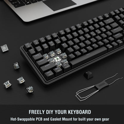 The keyboard’s hot-swappable design is demonstrated, with keycaps removed to expose switches, paired with a keycap puller for DIY customization.