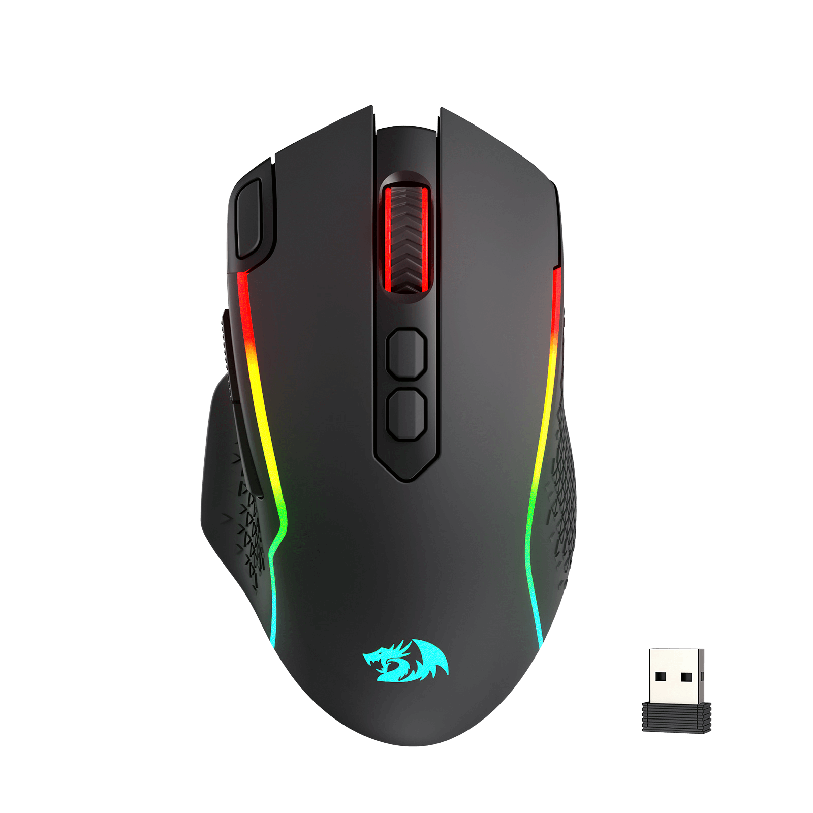 Redragon M810 Gaming mouse with RGB lighting and a USB receiver on a black background