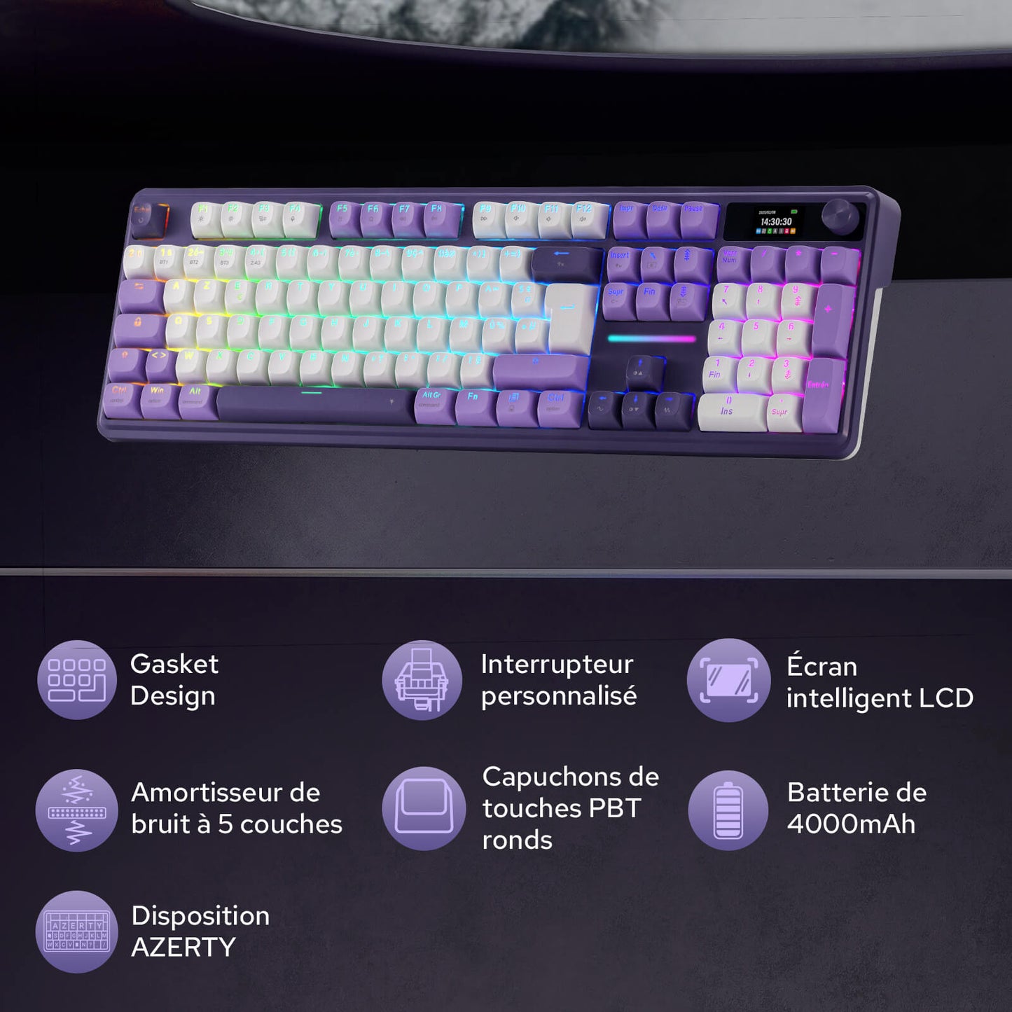 Clavier gaming sans fil Redragon K762 avec écran Hype et molette, clavier mécanique à 104 touches, écran d'information TFT de 3,2 cm facile à contrôler, isolation phonique à 5 couches, touches rondes en PBT, commutateurs linéaires personnalisés