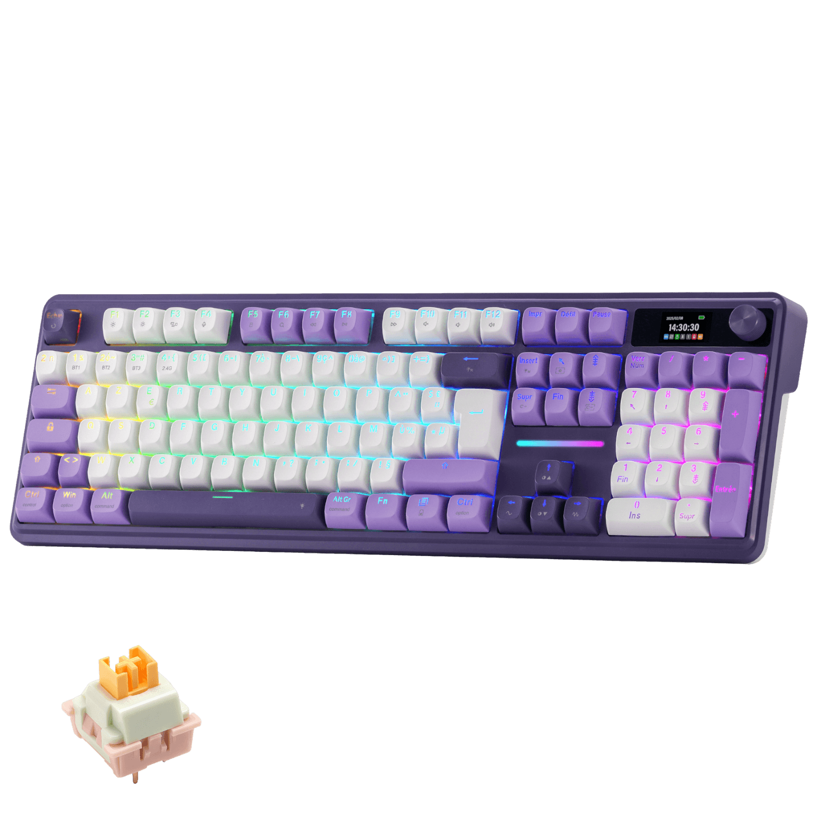 Clavier gaming sans fil Redragon K762 avec écran Hype et molette, clavier mécanique à 104 touches, écran d'information TFT de 3,2 cm facile à contrôler, isolation phonique à 5 couches, touches rondes en PBT, commutateurs linéaires personnalisés
