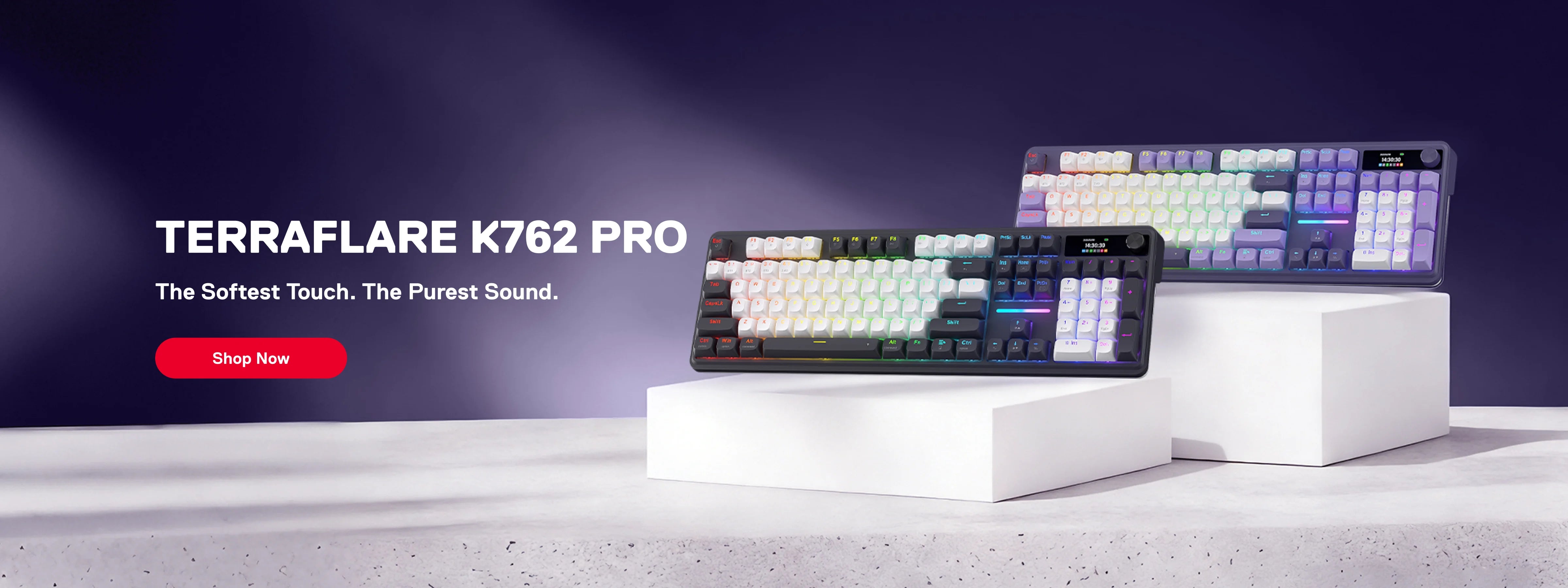 Terraflame K762 Pro keyboard on a white platform with a dark purple background