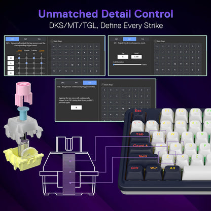 The keyboard’s "Unmatched Detail Control" (DKS/MT/TGL modes) is shown, allowing customization of key press processes (e.g., dynamic adjustment, hold duration).