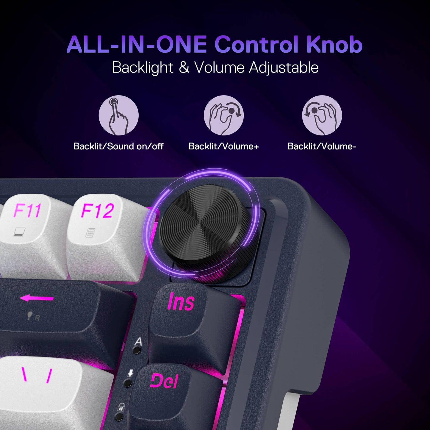 The keyboard’s all-in-one control knob is featured: it adjusts backlight (on/off/mode) and volume (+/-) with press/rotate actions.
