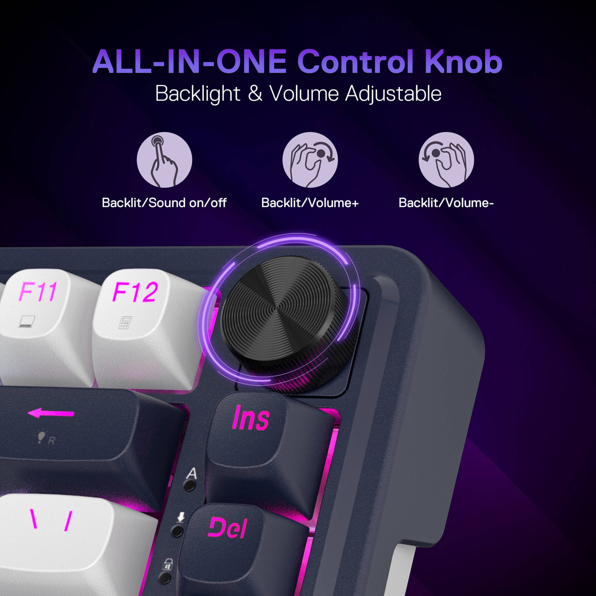 The keyboard’s all-in-one control knob is featured: it adjusts backlight (on/off/mode) and volume (+/-) with press/rotate actions.