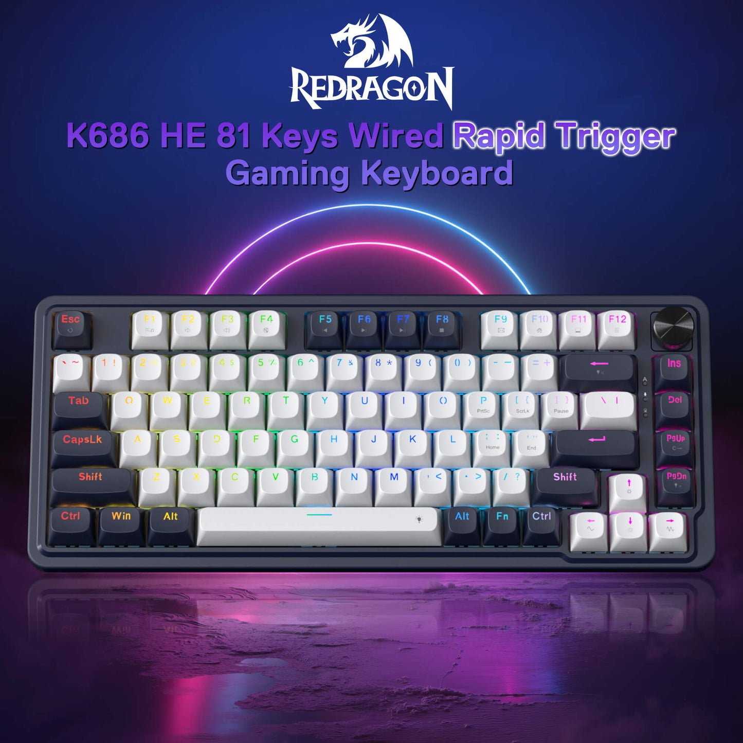 The Redragon K686 HE 81-key wired rapid trigger gaming keyboard is displayed, highlighting its RGB backlighting and sleek design.