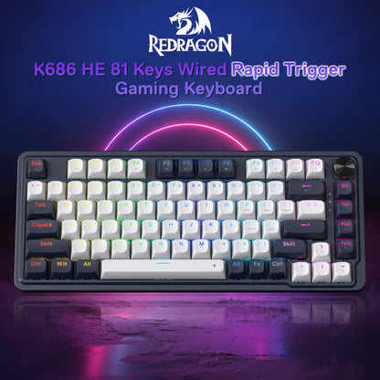 The Redragon K686 HE 81-key wired rapid trigger gaming keyboard is displayed, highlighting its RGB backlighting and sleek design.