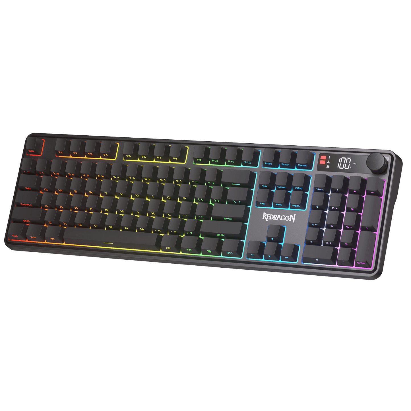 Redragon K526 PRO RGB Wireless Membrane Gaming Keyboard, 104 Keys Mechanical-Feel Keyboard w/LED Info Display, Media/Backlit Knob Control, Linear Switch & Software Supported (Side Printed Font) | show