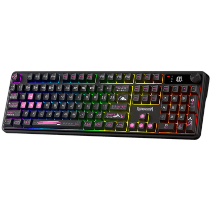 Redragon K526 PRO RGB Wireless Membrane Gaming Keyboard, 104 Keys Mechanical-Feel Keyboard w/LED Info Display, Media/Backlit Knob Control, Smooth Linear Switch & Software Supported | show