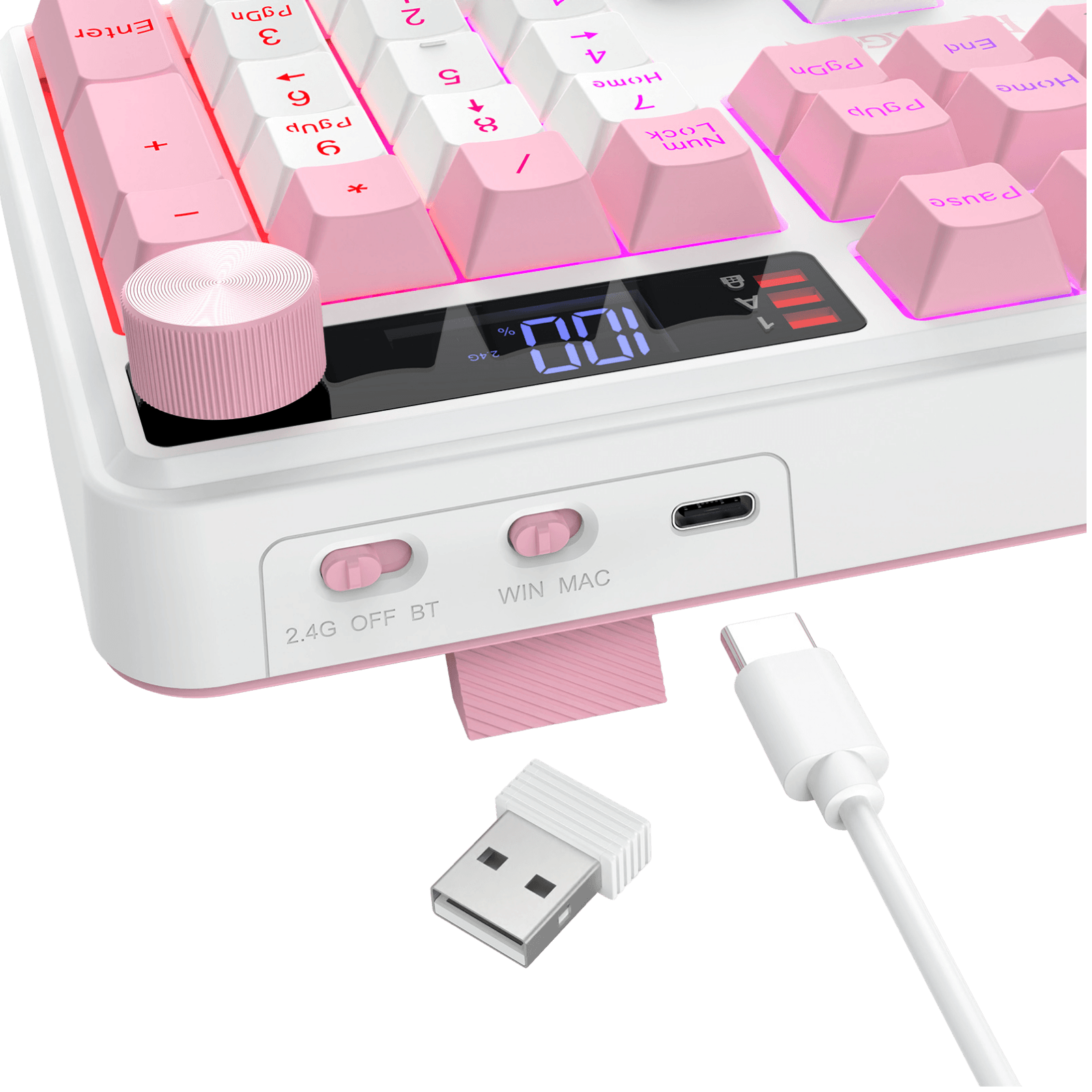 White and pink mechanical keyboard with pink backlighting, a pink rotary knob, a digital display, and a pink USB-C charging port. A pink USB cable and a small USB receiver are shown in front on a black background.