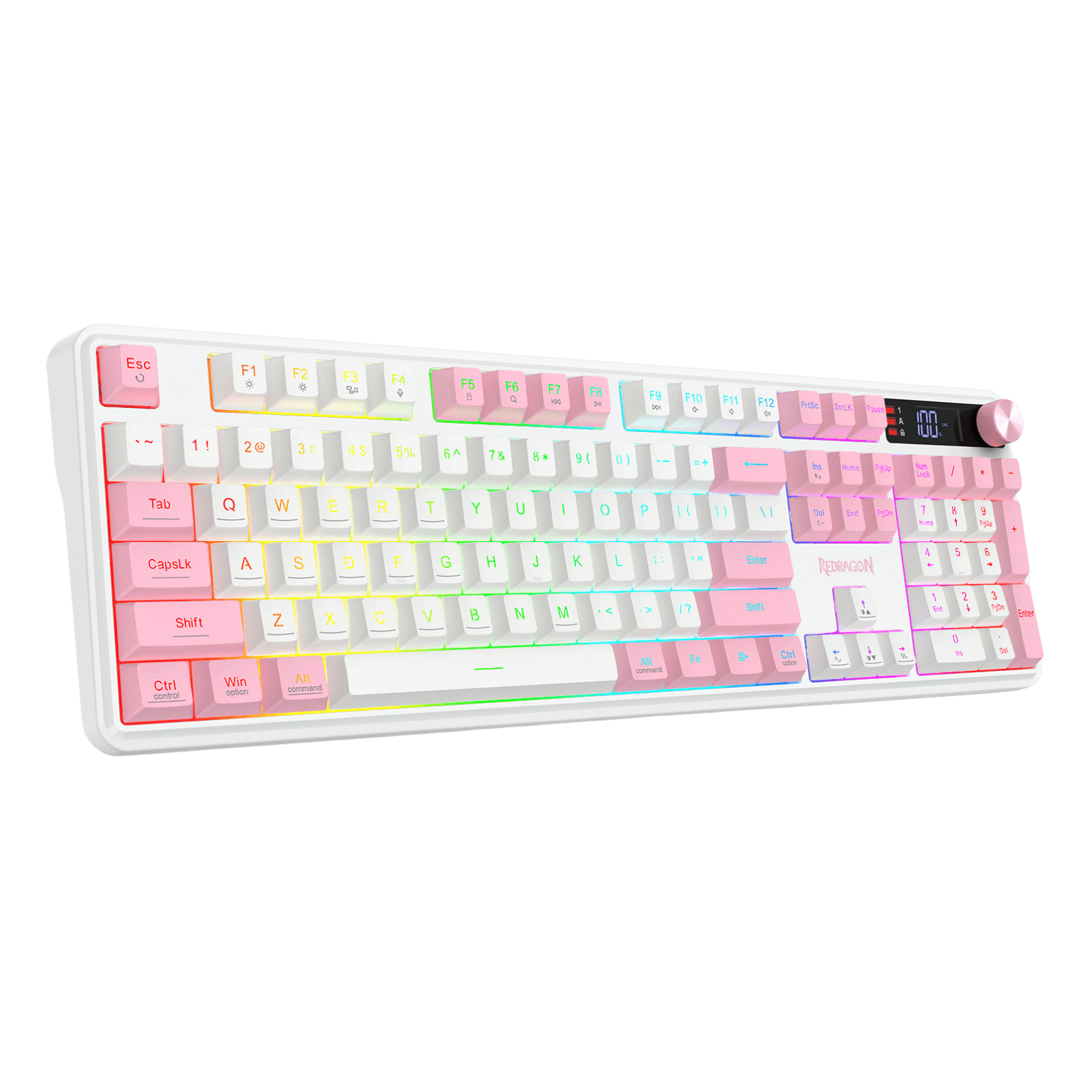 A compact mechanical keyboard with pastel pink, peach, and light blue keycaps, featuring a white frame and RGB backlighting, shown against a solid black background.