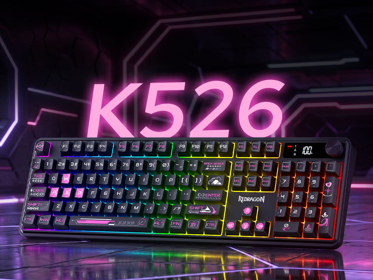 A Remington K526 mechanical gaming keyboard with RGB backlighting, shown on a reflective dark surface with a glowing pink 'K526' text overlay in the background.