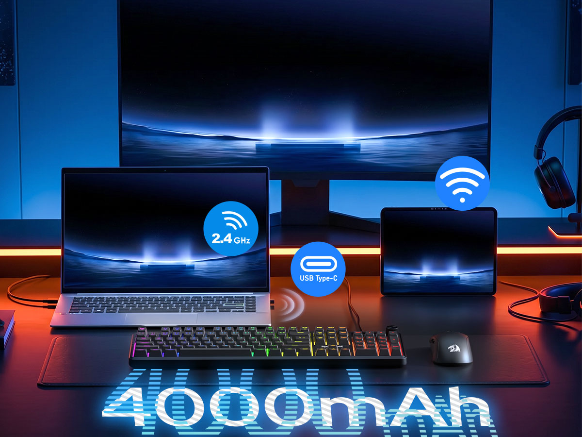 A 4000mAh wireless power bank shown with a laptop, tablet, and keyboard on a desk, featuring glowing blue wireless connectivity icons and a large 4000mAh display on the front.