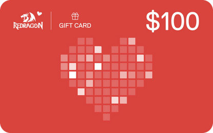 Redragon gift card with a heart design and $100 value on a red background