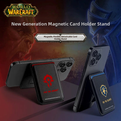 Under the "WORLD OF WARCRAFT" logo, this graphic presents the "New Generation Magnetic Card Holder Stand": two faction-themed black holders (Horde’s red emblem, Alliance’s lion emblem) prop up phones, with a banner labeling it a "Magnetic Flexible Detachable Card Holder Stand"—all set against a backdrop of Warcraft faction imagery.
