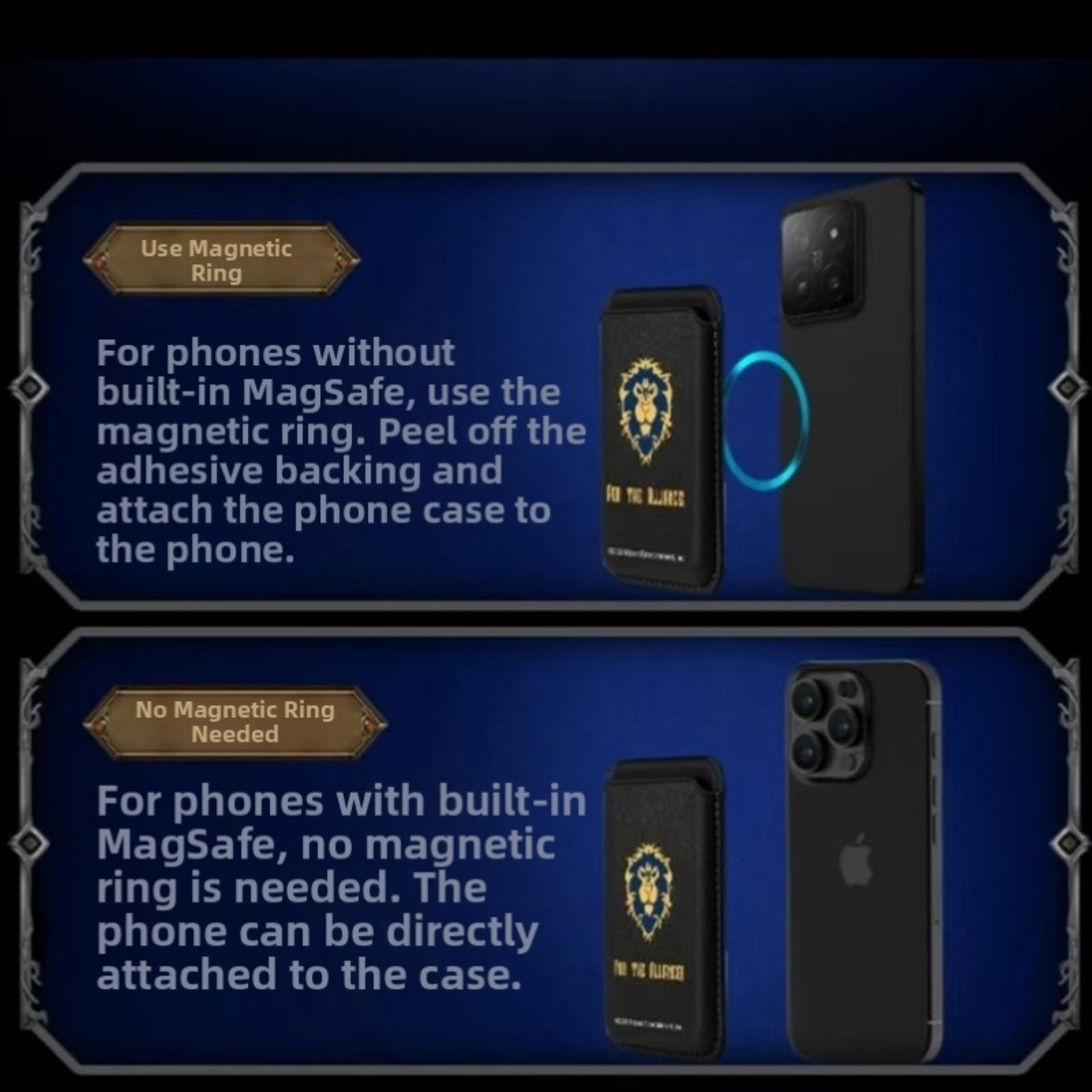 Split into two blue, Warcraft-themed sections, this guide explains attaching an Alliance-emblem card holder: the top ("Use Magnetic Ring") tells non-MagSafe phones to stick an adhesive ring to the case, while the bottom ("No Magnetic Ring Needed") notes MagSafe phones attach directly—both show the holder and a phone.