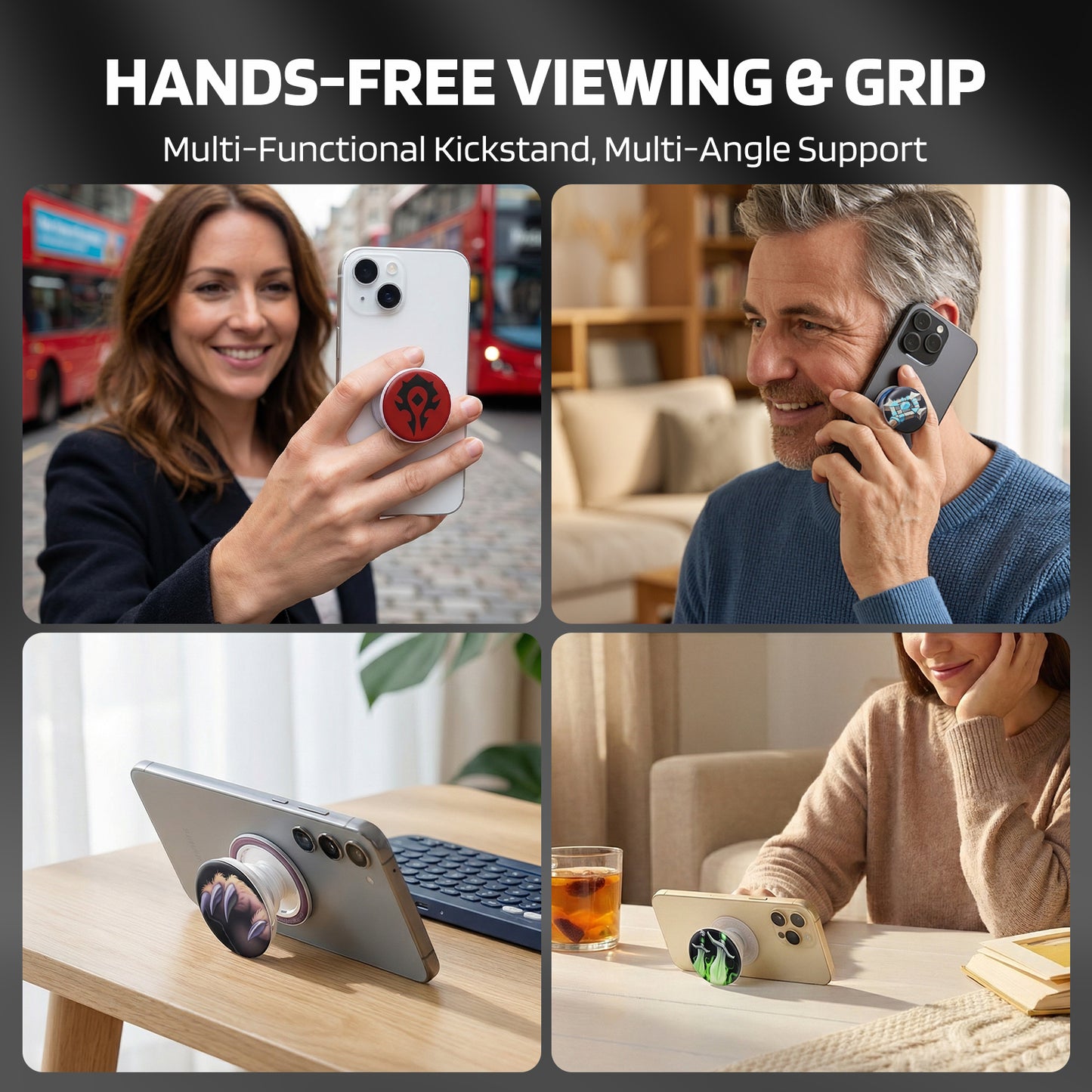 Under the heading "HANDS-FREE VIEWING & GRIP" (tagline: "Multi-Functional Kickstand, Multi-Angle Support"), this 4-panel image shows a phone grip/stand in use: a woman holds a phone with the grip outdoors, a man uses it while calling indoors, and the stand props phones (paired with a keyboard, beside a drink) at different angles.