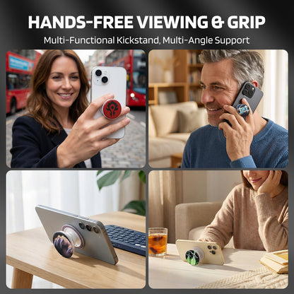 Under the heading "HANDS-FREE VIEWING & GRIP" (tagline: "Multi-Functional Kickstand, Multi-Angle Support"), this 4-panel image shows a phone grip/stand in use: a woman holds a phone with the grip outdoors, a man uses it while calling indoors, and the stand props phones (paired with a keyboard, beside a drink) at different angles.