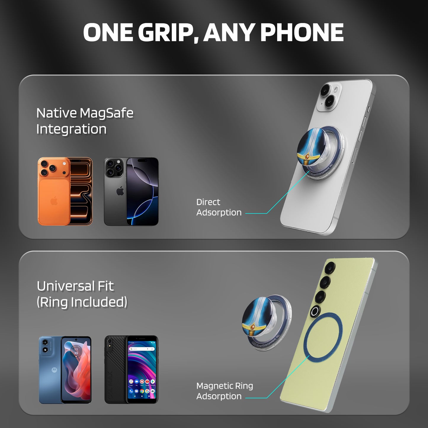 Under the heading "ONE GRIP, ANY PHONE," this two-section image shows a magnetic phone grip’s compatibility: the top section highlights "Native MagSafe Integration" (with iPhones using direct adsorption), while the bottom section covers "Universal Fit (Ring Included)" (with other phones using a magnetic ring for attachment), alongside examples of different phone models.