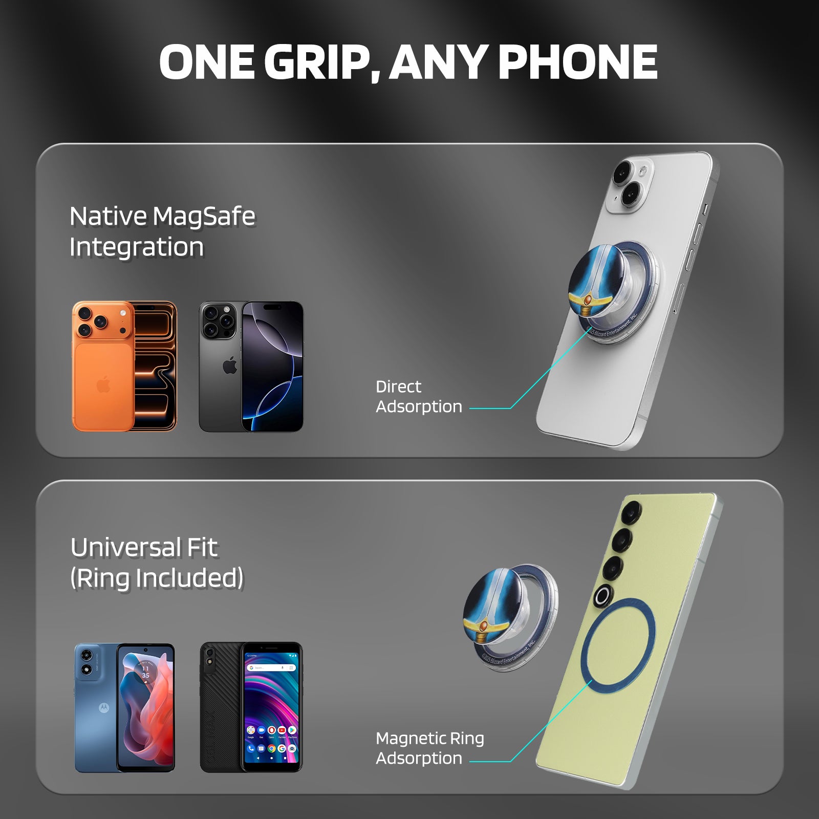 Under the heading "ONE GRIP, ANY PHONE," this two-section image shows a magnetic phone grip’s compatibility: the top section highlights "Native MagSafe Integration" (with iPhones using direct adsorption), while the bottom section covers "Universal Fit (Ring Included)" (with other phones using a magnetic ring for attachment), alongside examples of different phone models.