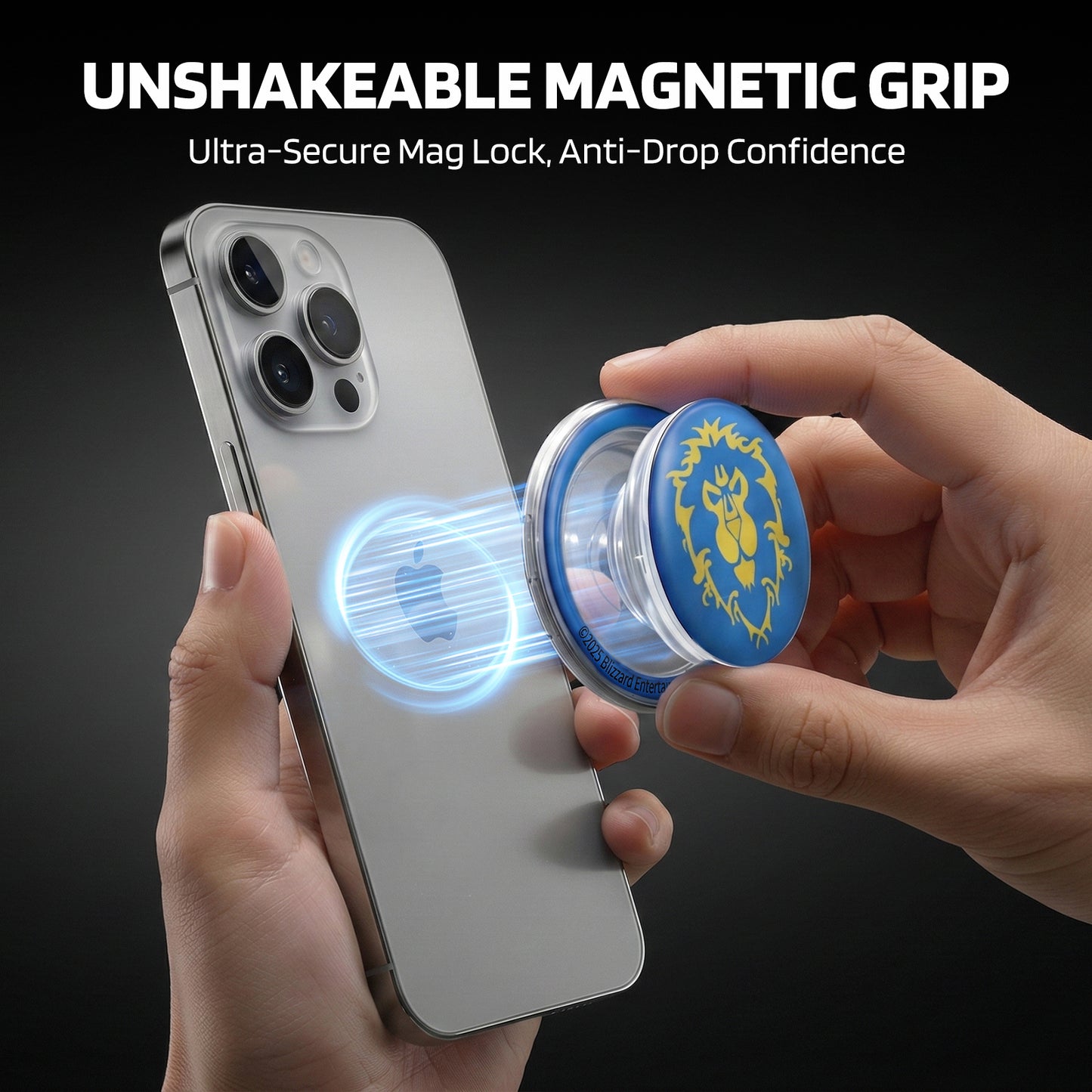 Against a dark background, a hand holds a silver smartphone (with a multi-lens camera) while another hand attaches a blue-and-yellow branded magnetic stand: glowing blue light circles the phone’s back (showing the magnetic connection), with "UNSHAKEABLE MAGNETIC GRIP" and "Ultra-Secure Mag Lock, Anti-Drop Confidence" text at the top.
