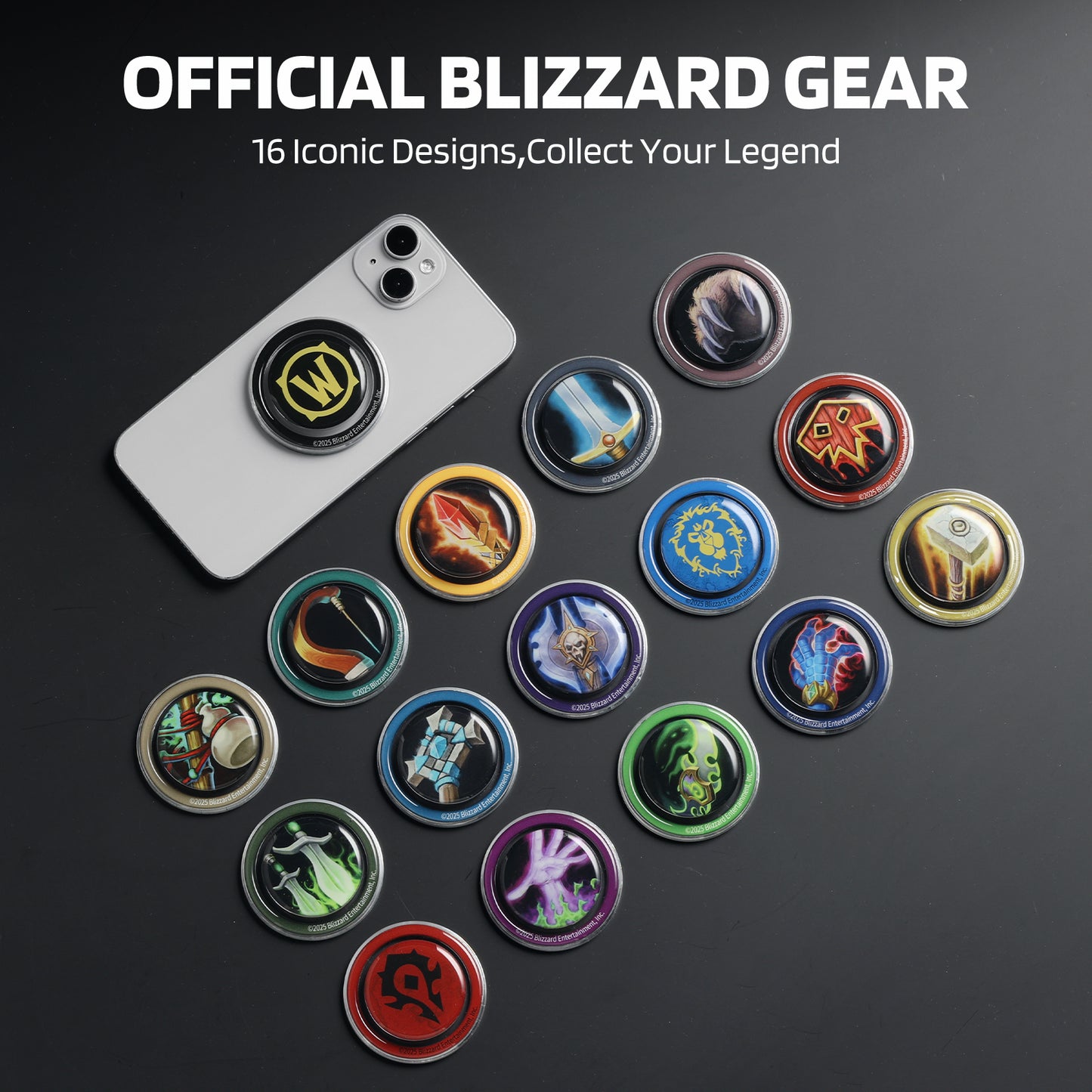 Against a dark surface, this image displays "OFFICIAL BLIZZARD GEAR" (with the tagline "16 Iconic Designs, Collect Your Legend"): a silver smartphone (with a "W"-logo grip attached) sits beside 16 circular phone grips, each featuring distinct Blizzard-themed art (like symbols, weapons, and creatures from its franchises).