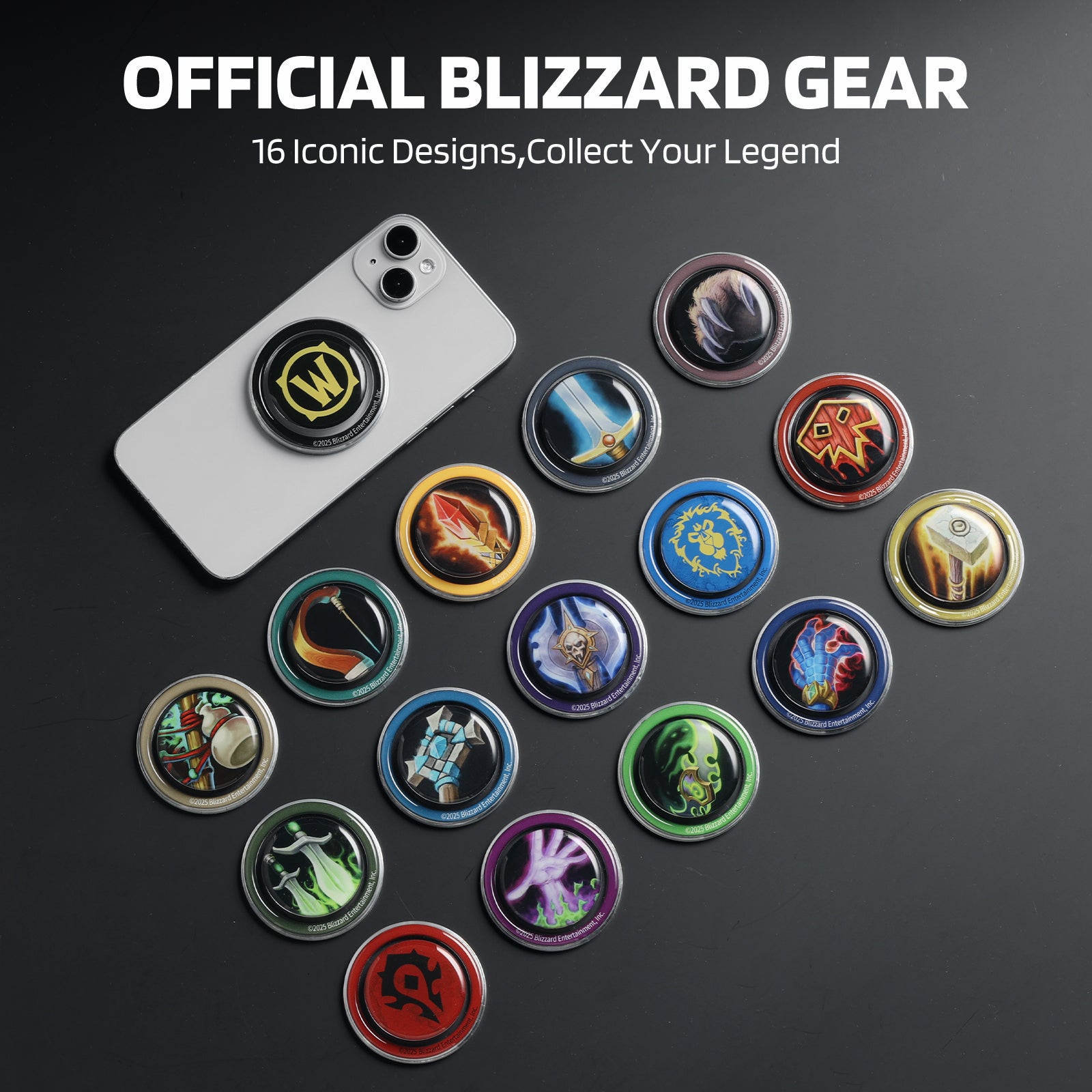 Against a dark surface, this image displays "OFFICIAL BLIZZARD GEAR" (with the tagline "16 Iconic Designs, Collect Your Legend"): a silver smartphone (with a "W"-logo grip attached) sits beside 16 circular phone grips, each featuring distinct Blizzard-themed art (like symbols, weapons, and creatures from its franchises).