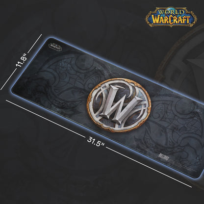 This image displays an WoW WoW-themed Design Black mouse pad (31.5"×11.8"), featuring WoW’s illustration, set against a city night backdrop.