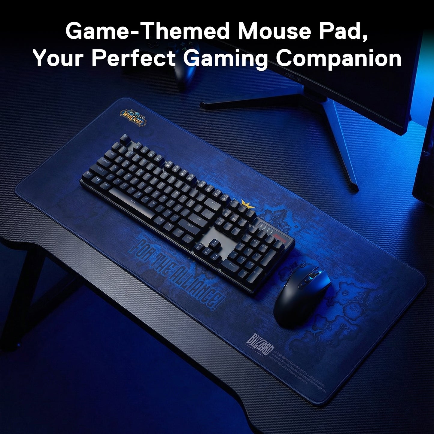The World of Warcraft Alliance-themed mouse pad is shown in a gaming setup (with a keyboard and mouse), framed by the text "Game-Themed Mouse Pad, Your Perfect Gaming Companion."