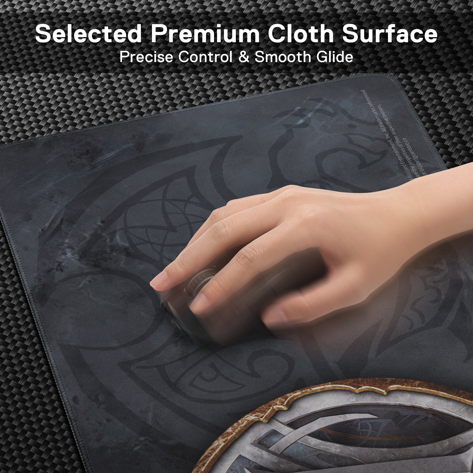 A hand moves a mouse on the WoW mouse pad, highlighting its "Selected Premium Cloth Surface" that enables precise control and smooth gliding.
