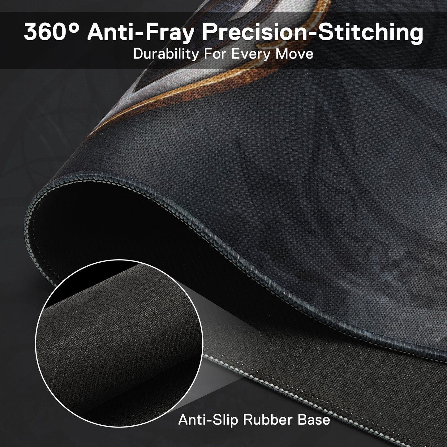 A close-up of the mouse pad’s edge displays 360° anti-fray stitching and an anti-slip rubber base, emphasizing durability and stability during use.