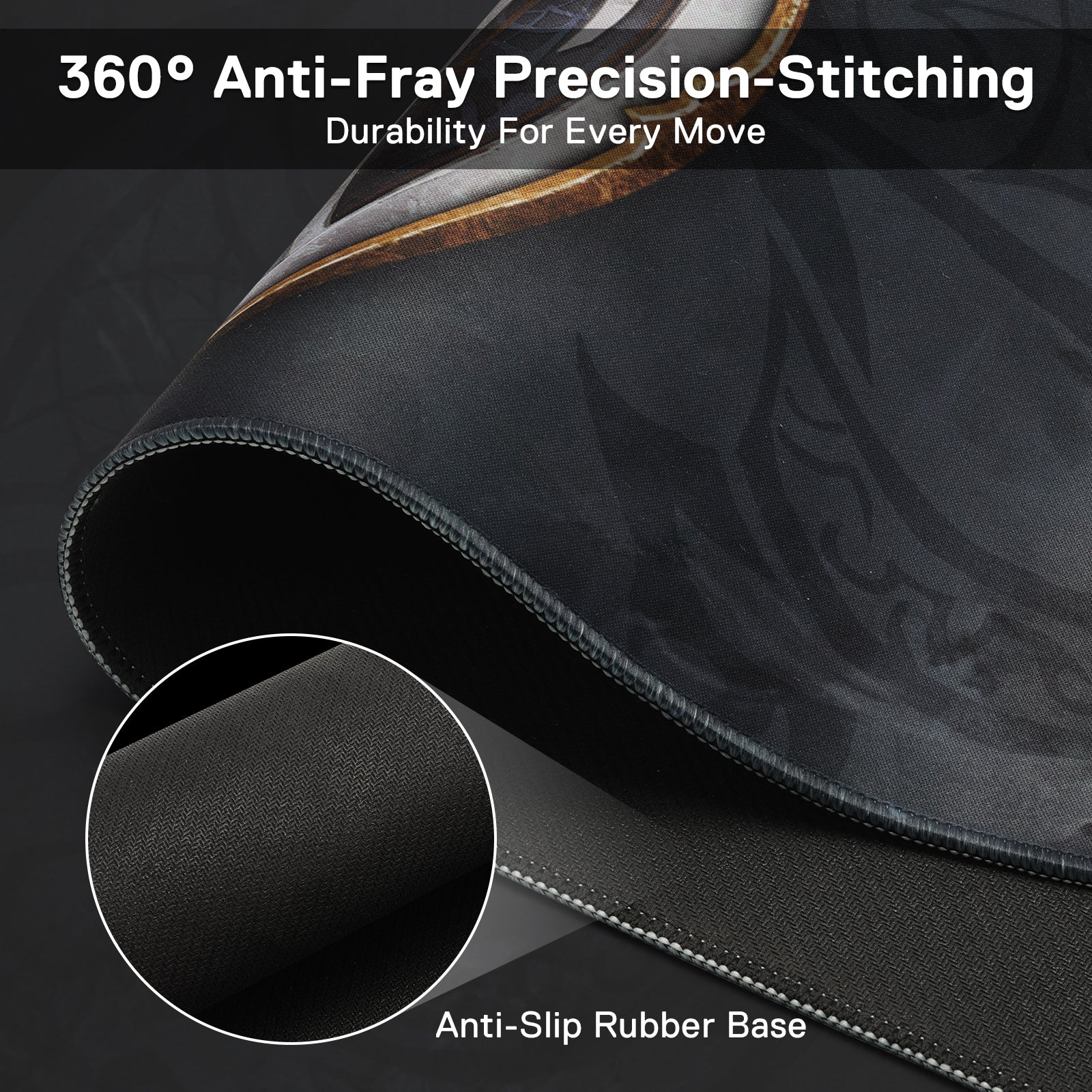A close-up of the mouse pad’s edge displays 360° anti-fray stitching and an anti-slip rubber base, emphasizing durability and stability during use.