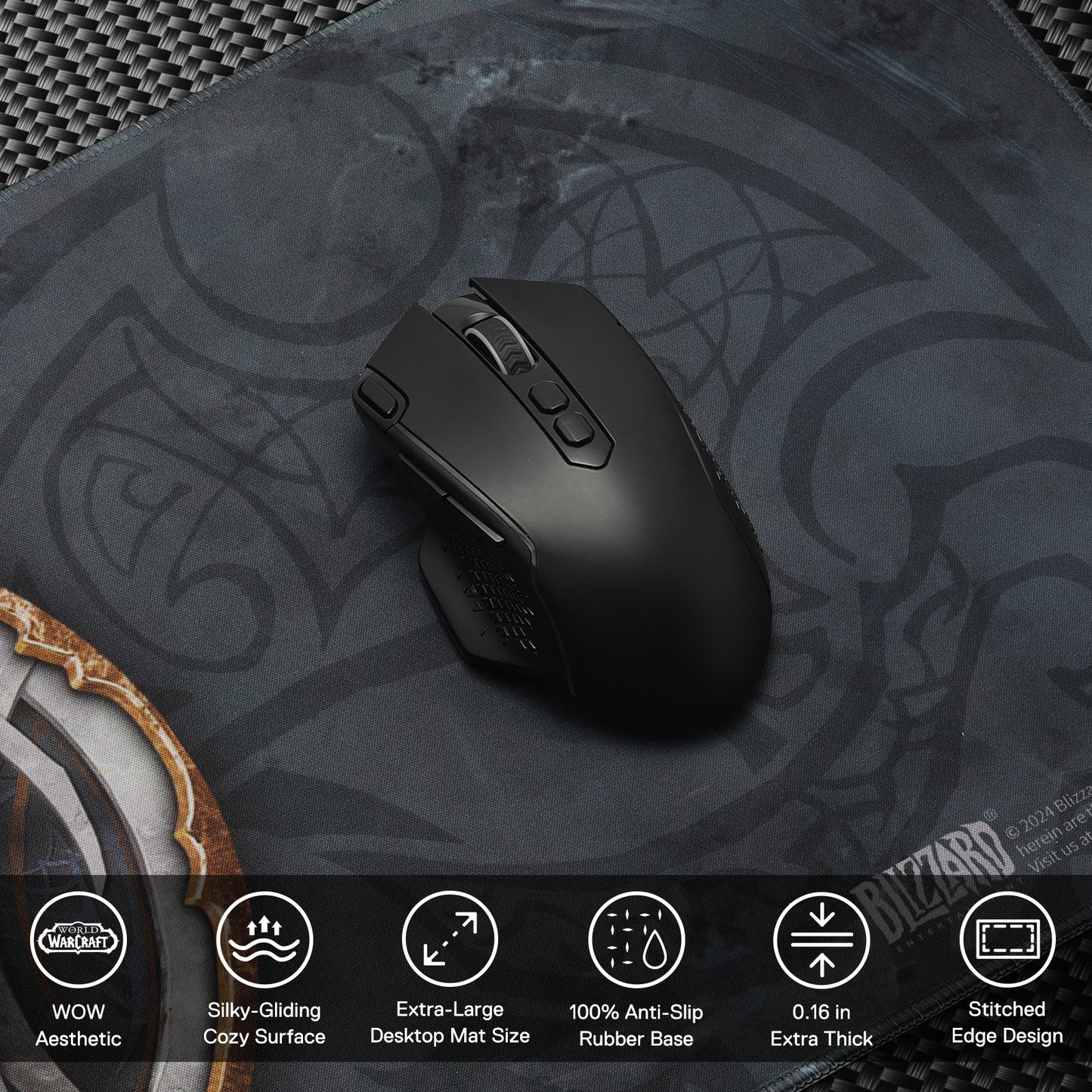 A black gaming mouse rests on the WoW mouse pad, with icons listing its features: WoW-themed design, silky surface, extra-large size, anti-slip base, 0.16" thickness, and stitched edges.
