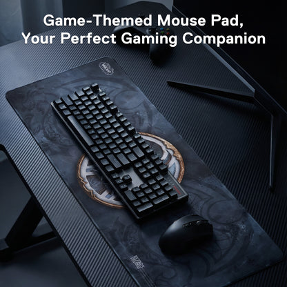 The WoW mouse pad is integrated into a gaming setup (with a keyboard and mouse), framed by the text "Game-Themed Mouse Pad, Your Perfect Gaming Companion."