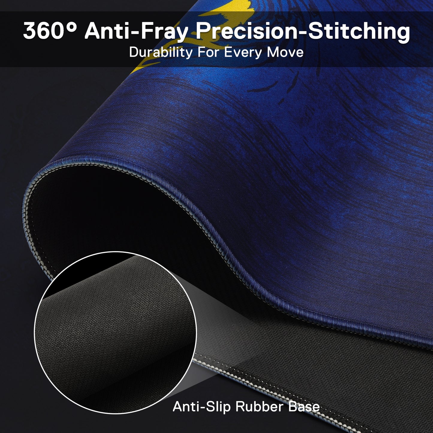A close-up of the mouse pad’s edge displays 360° anti-fray stitching and an anti-slip rubber base, emphasizing durability and stability.