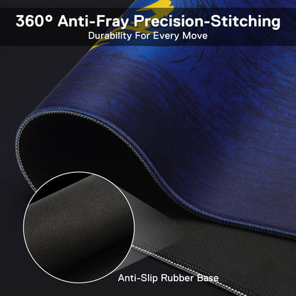 A close-up of the mouse pad’s edge displays 360° anti-fray stitching and an anti-slip rubber base, emphasizing durability and stability.