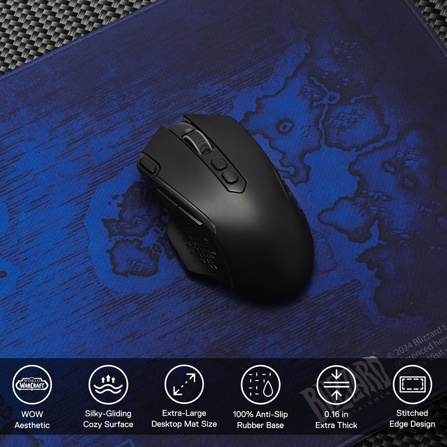 A black gaming mouse rests on the Alliance mouse pad, with icons listing its key features: WoW aesthetic, silky surface, extra-large size, anti-slip base, 0.16" thickness, and stitched edges.