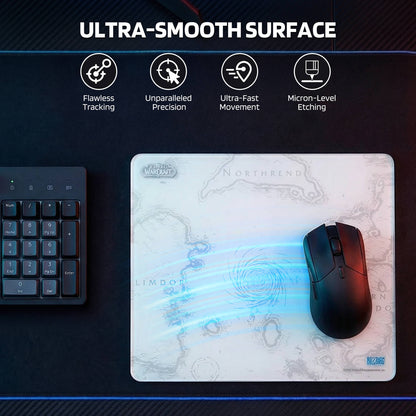 The mouse pad’s "ULTRA-SMOOTH SURFACE" is highlighted, offering flawless tracking, precision, ultra-fast movement, and micron-level etching, shown with a mouse and numpad.