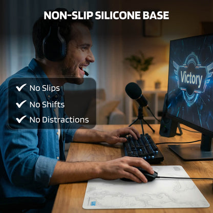 The mouse pad’s "NON-SLIP SILICONE BASE" ensures no slips, shifts, or distractions, demonstrated by a gamer celebrating a "Victory" on screen.