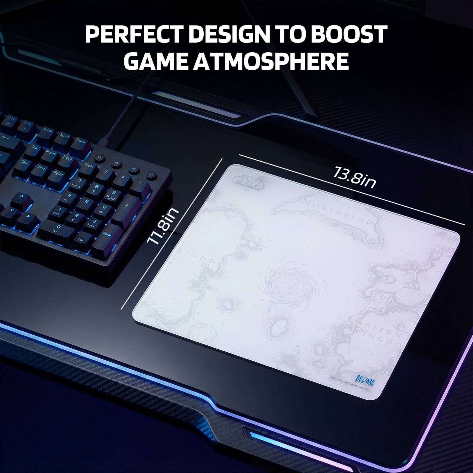 A World of Warcraft Azeroth map-themed mouse pad (13.8"×11.8") is displayed in a gaming setup, designed to enhance the game atmosphere.