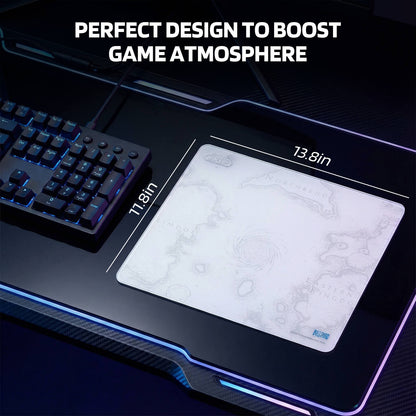 A World of Warcraft Azeroth map-themed mouse pad (13.8"×11.8") is displayed in a gaming setup, designed to enhance the game atmosphere.