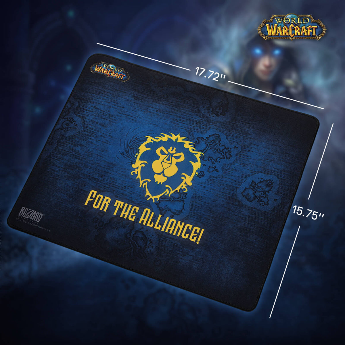 Blizzard World of Warcraft gaming mouse pad shown at an angle with dimension lines indicating 17.72 inches by 15.