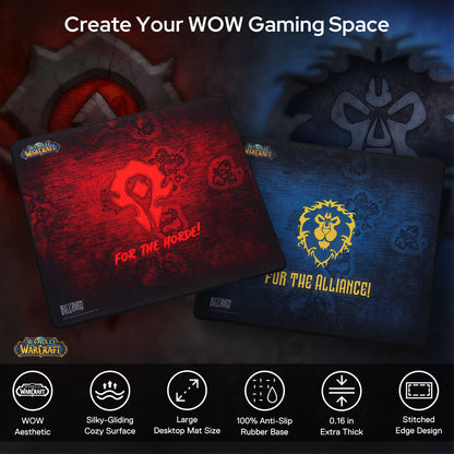 Two Warcraft-themed gaming mats shown on a dark promotional background, one red with the Horde symbol and text, and one blue with the Alliance lion emblem and text. The image includes marketing text at the top and feature icons along the bottom.