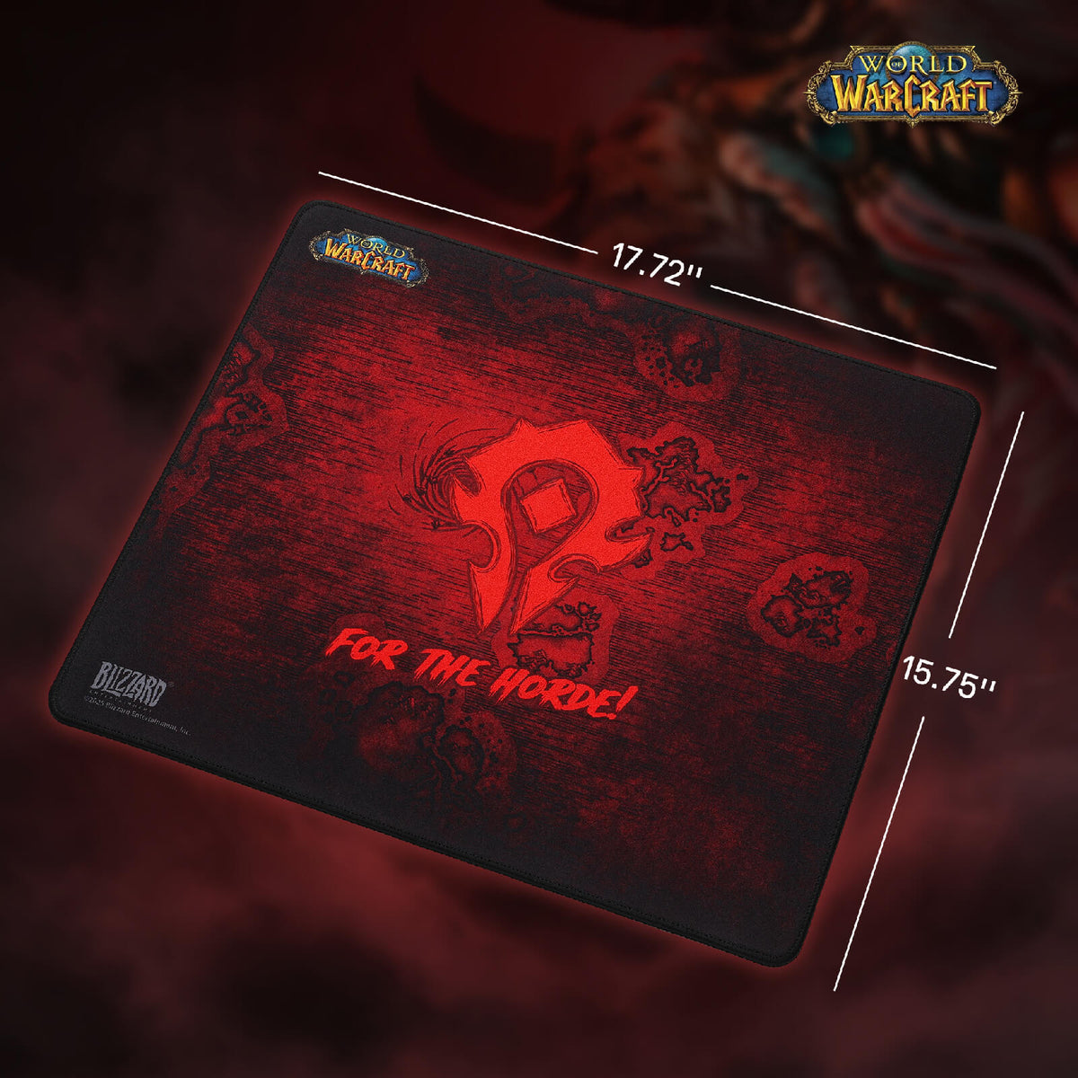 A Warcraft-themed gaming mouse pad shown at an angle with dimension lines indicating 17.72 inches by 15.