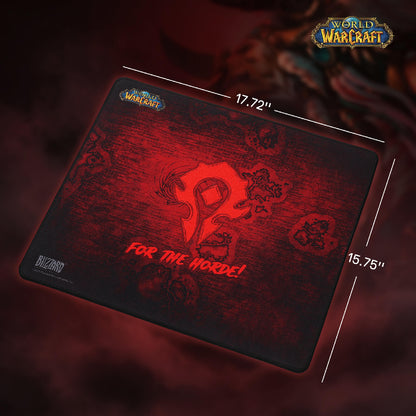A Warcraft-themed gaming mouse pad shown at an angle with dimension lines indicating 17.72 inches by 15.