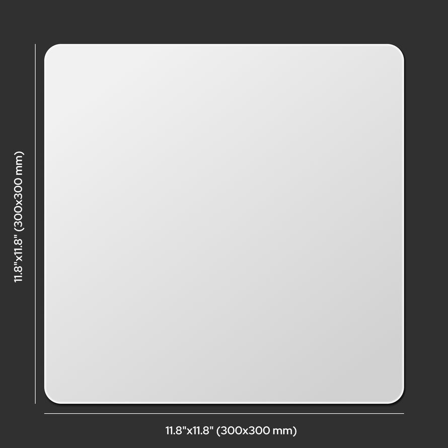 White glass mousepad with dimensions on a black background