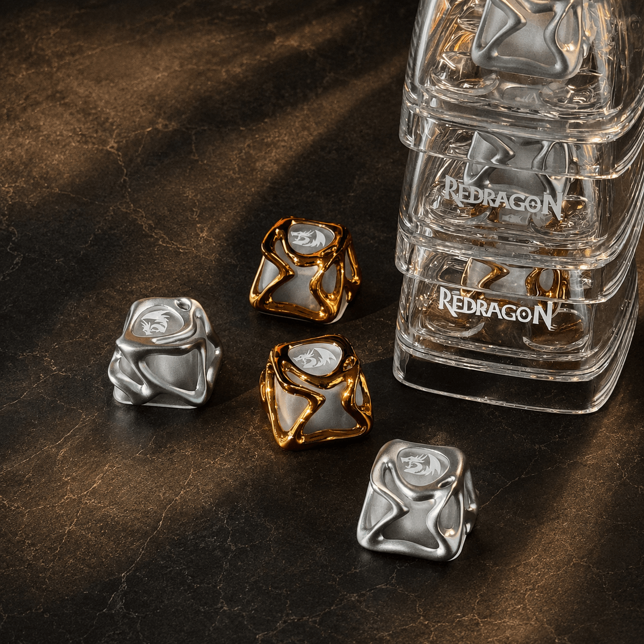 Redragon Metal liquid transparent artisan keycap for mechanical keyboards with RGB shine-through effect.